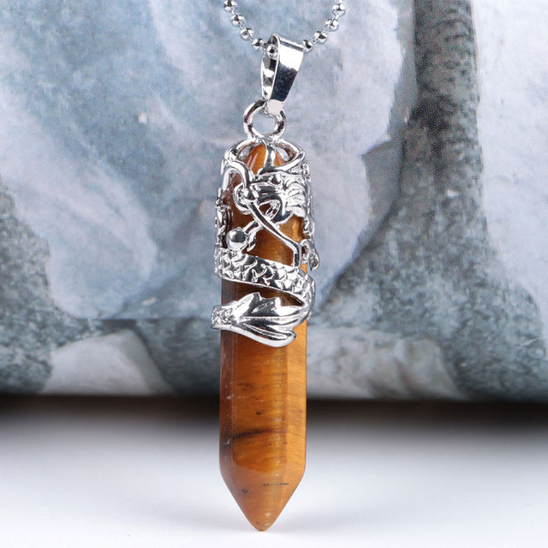 Dragon Tribe Totem Crystal Quartz Hexagonal Prism Pendant Necklace 18''