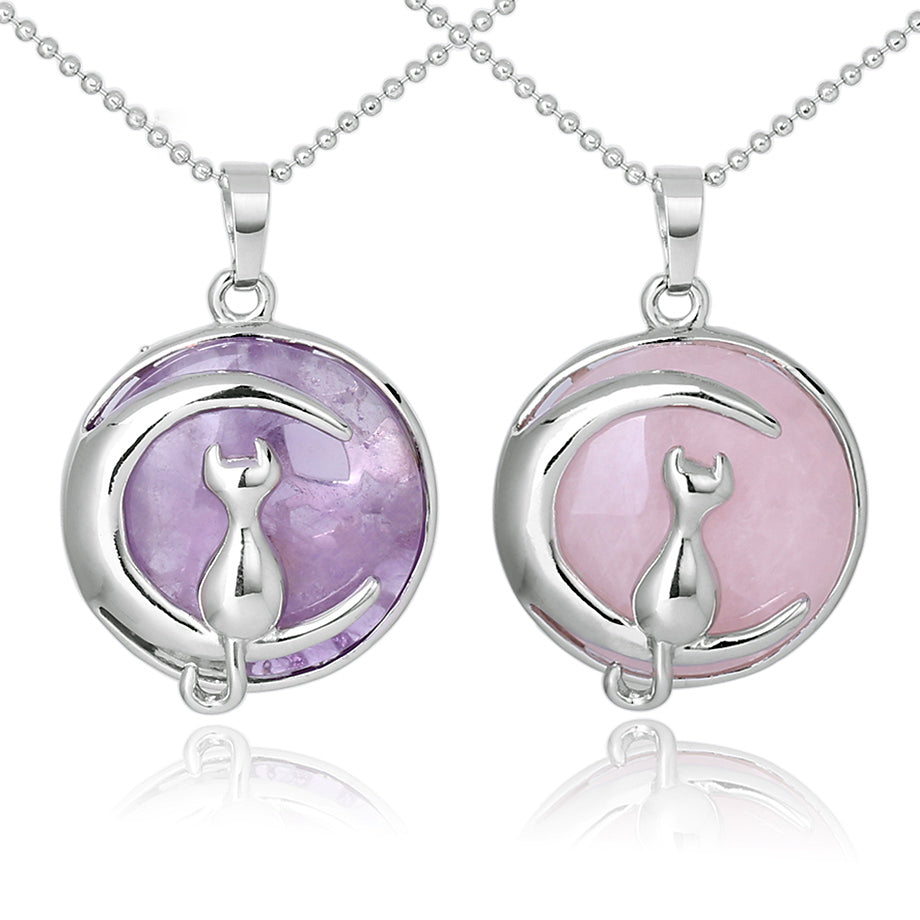 Natural Stone Crystal Pendants Necklace Cat on Moon Pendant 18''