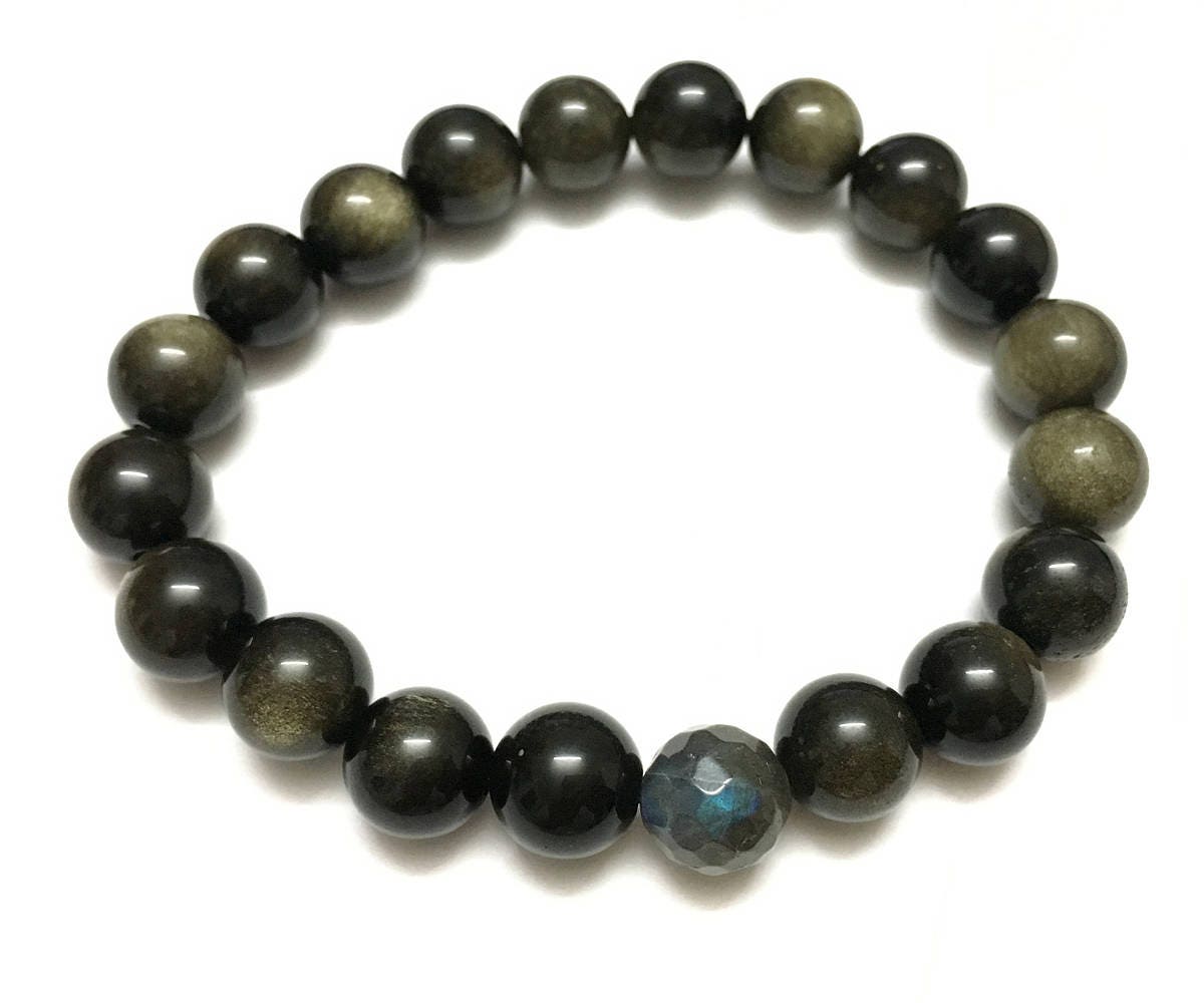 Labradorite Bracelet, Gold Obsidian Bracelet 10mm 8''