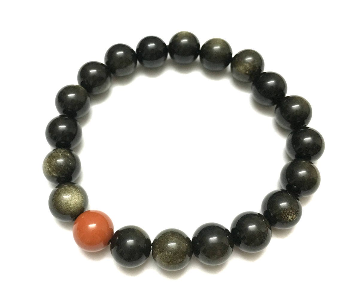 Naturstensarmbånd, damearmbånd, rødt jaspisarmbånd, guld obsidianarmbånd 6 mm 8 mm 10 mm 12 mm 7''