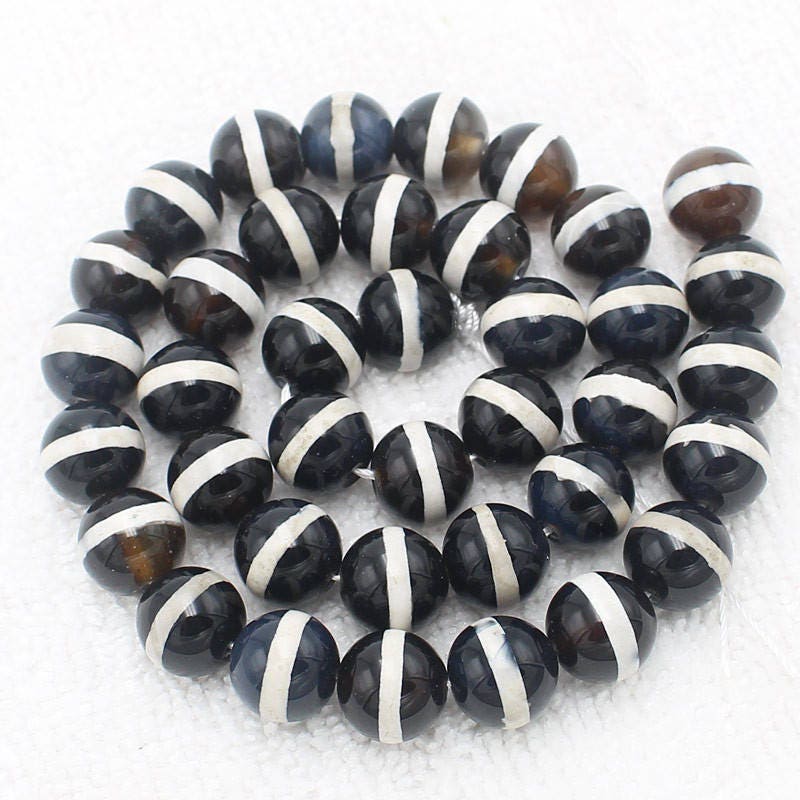 White Stripe Black Onyx Beads Natural Gemstone Beads 6mm 8mm 10mm 15''