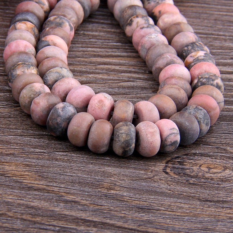 Perles rondes en rhodonite noire mate 4 x 6 mm, 5 x 8 mm, 15 pouces