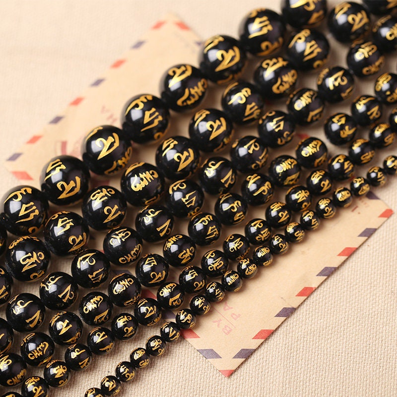 Gold Plated Carved Black Onyx Beads Natural Gemstone Beads 6mm 8mm 10mm 12mm 14mm 15''