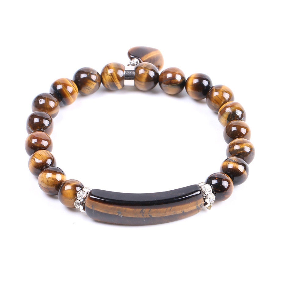 Yellow Tiger Eye Heart Pendant Bracelet 8mm 7''