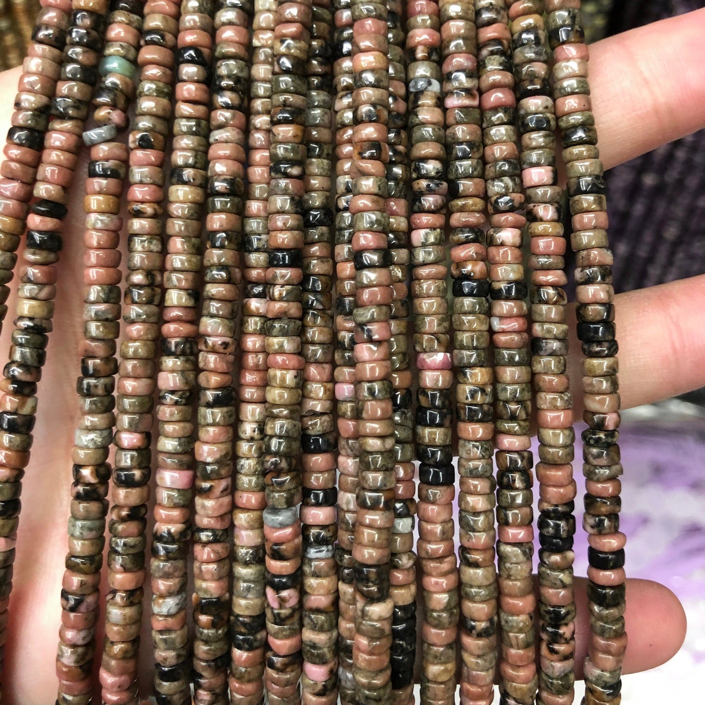 Black Rhodonite Rondelle Beads 2x4mm 15''