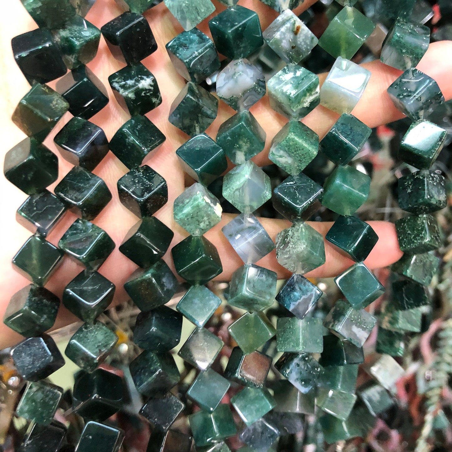 Moss Agate Cube Beads 8mm 10mm 15''