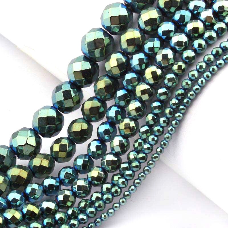 Blågrøn hæmatit facetteret, naturlig ædelsten, rund sten 2mm 3mm 4mm 6mm 8mm 10mm