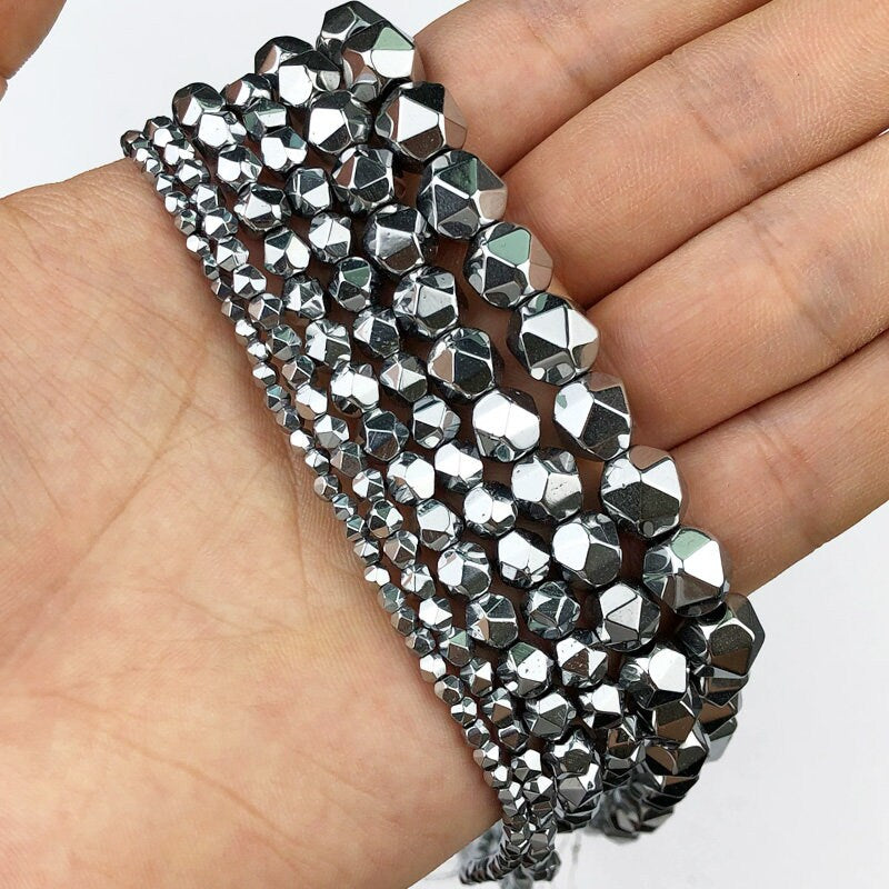 Perles à facettes en hématite argentée 3 mm, 4 mm, 6 mm, 8 mm, 10 mm, 15 pouces