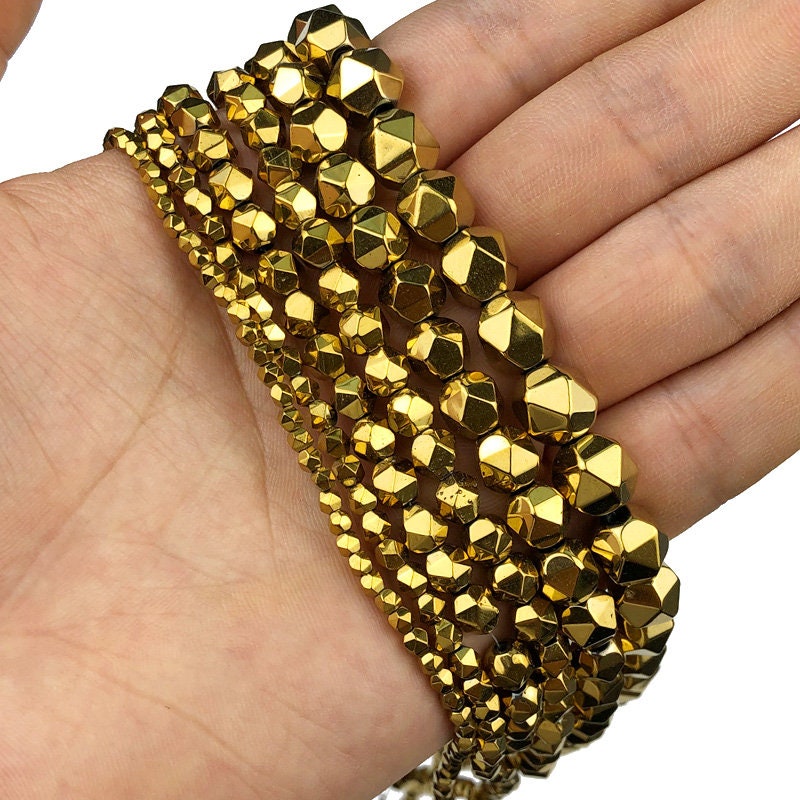 Perles à facettes en hématite dorée 3 mm, 4 mm, 6 mm, 8 mm, 10 mm, 15 pouces