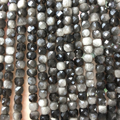 Silver Obsidian Cube Faceted Beads 4-5mm 15''