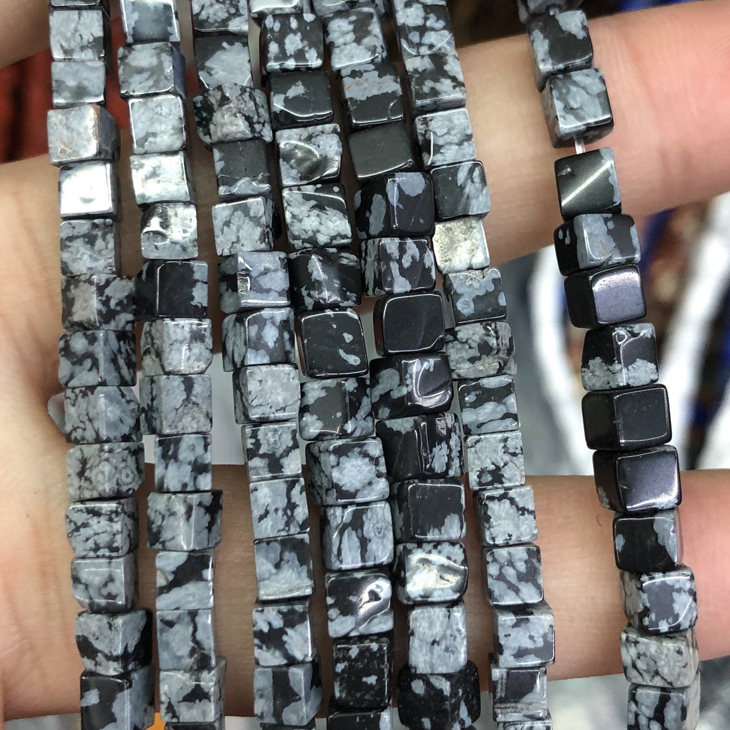 Snowflake Obsidian Cube Beads 4mm 15''