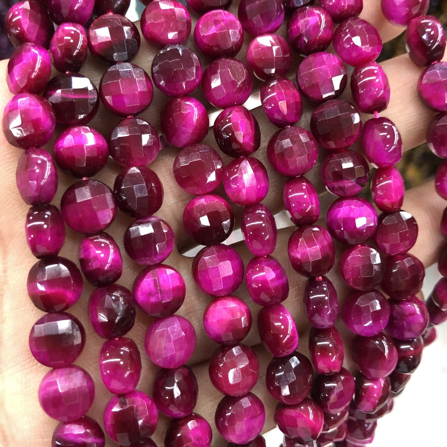 Pink Tiger Eye Coin Faceted Beads Natural Gemstone Beads 8mm 10mm