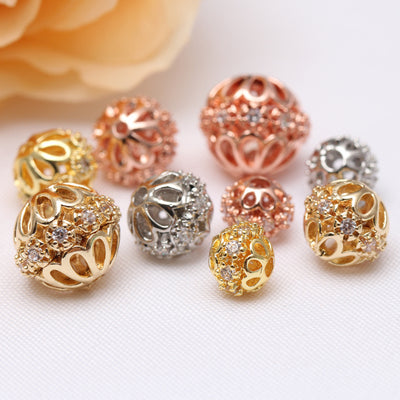 Gold Silver Plated Copper Micro-inlaid Zirconia Hollow Beads 6mm 8mm 10mm 10pcs