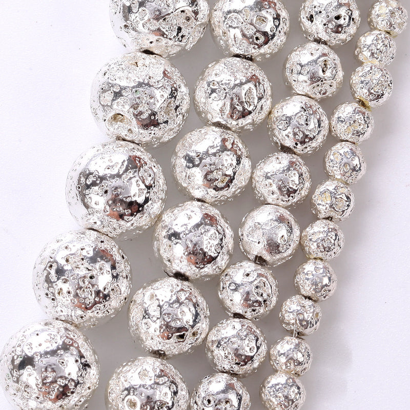 Perles de pierre de lave plaquées argent 4 mm 6 mm 8 mm 10 mm 15''