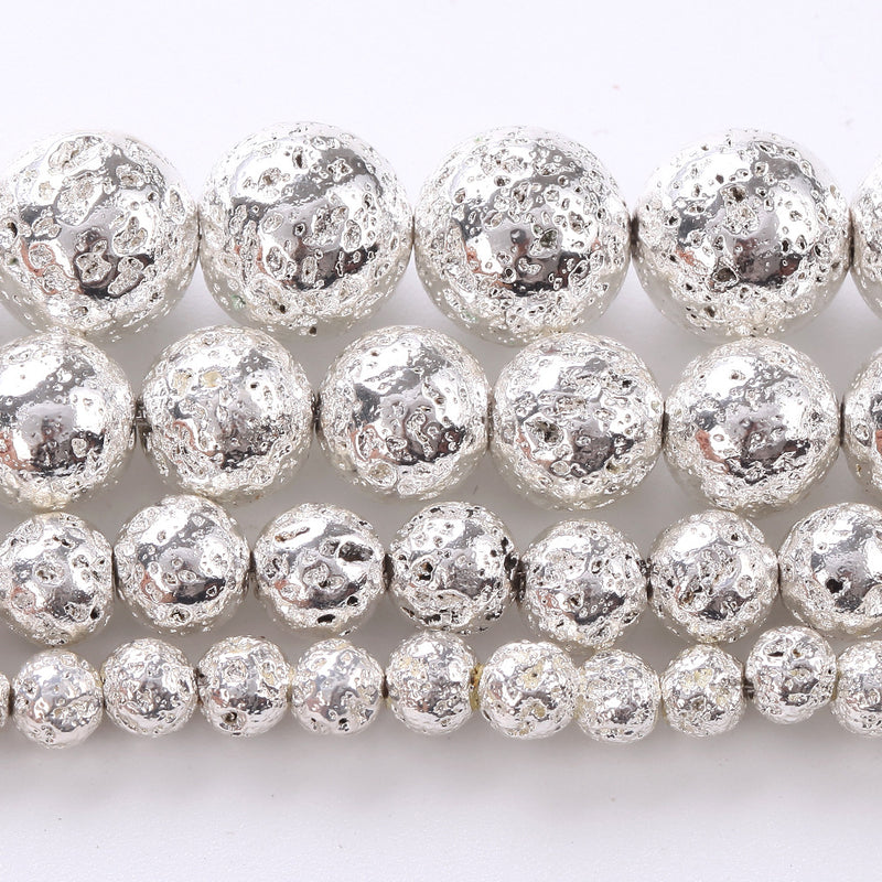 Perles de pierre de lave plaquées argent 4 mm 6 mm 8 mm 10 mm 15''