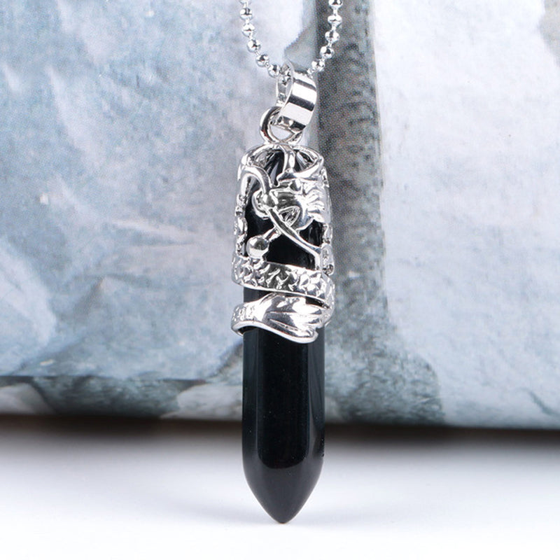 Dragon Tribe Totem Crystal Quartz Hexagonal Prism Pendant Necklace 18''