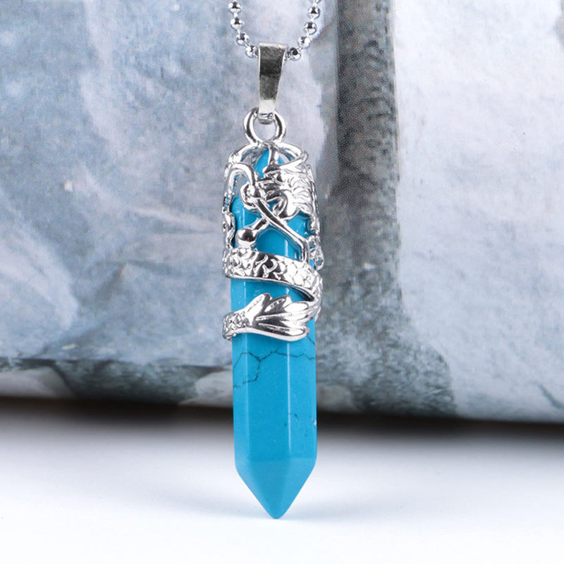 Dragon Tribe Totem Crystal Quartz Hexagonal Prism Pendant Necklace 18''