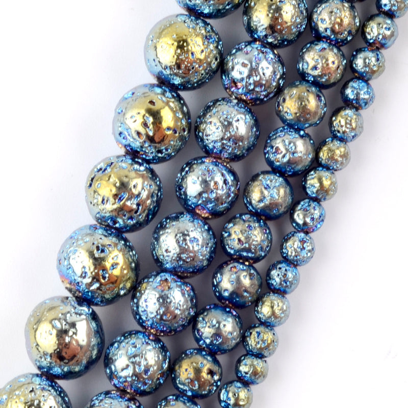 Perles de pierre de lave plaquées bleues 4 mm 6 mm 8 mm 10 mm 15''