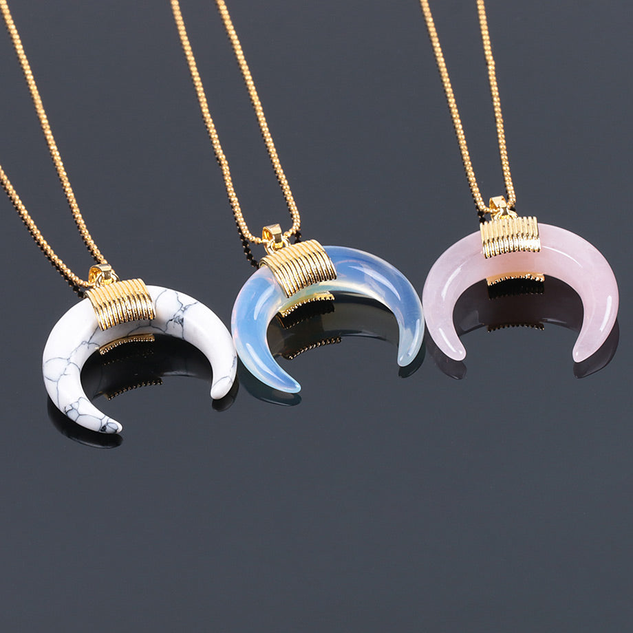Gold Moon Pendant halskæde til kvinder, Crystal, Onyx, Tiger Eye Stone Pendant halskæde 18''