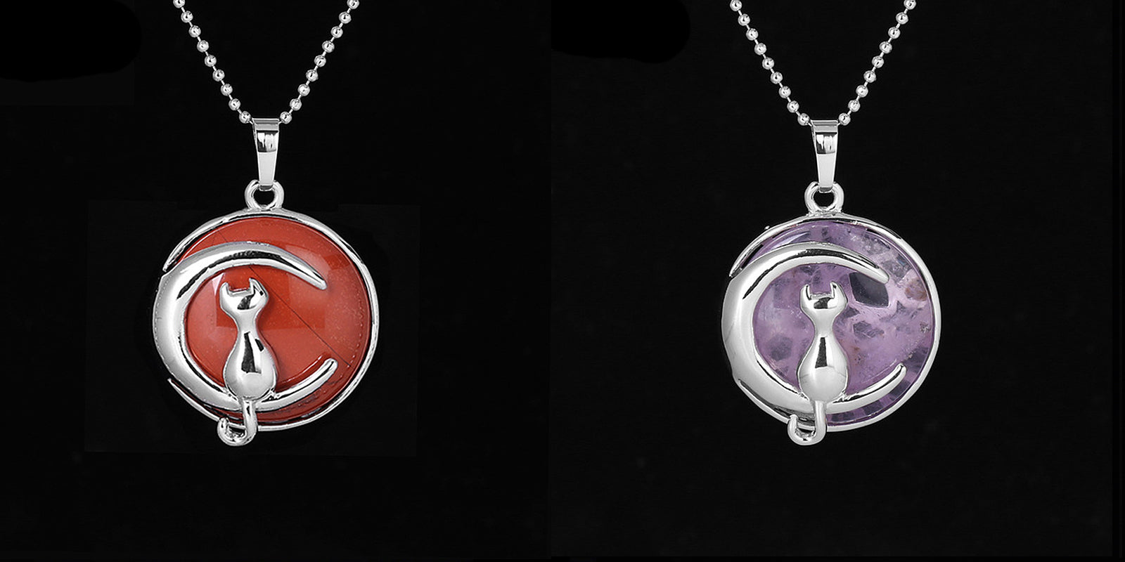 Natural Stone Crystal Pendants Necklace Cat on Moon Pendant 18''
