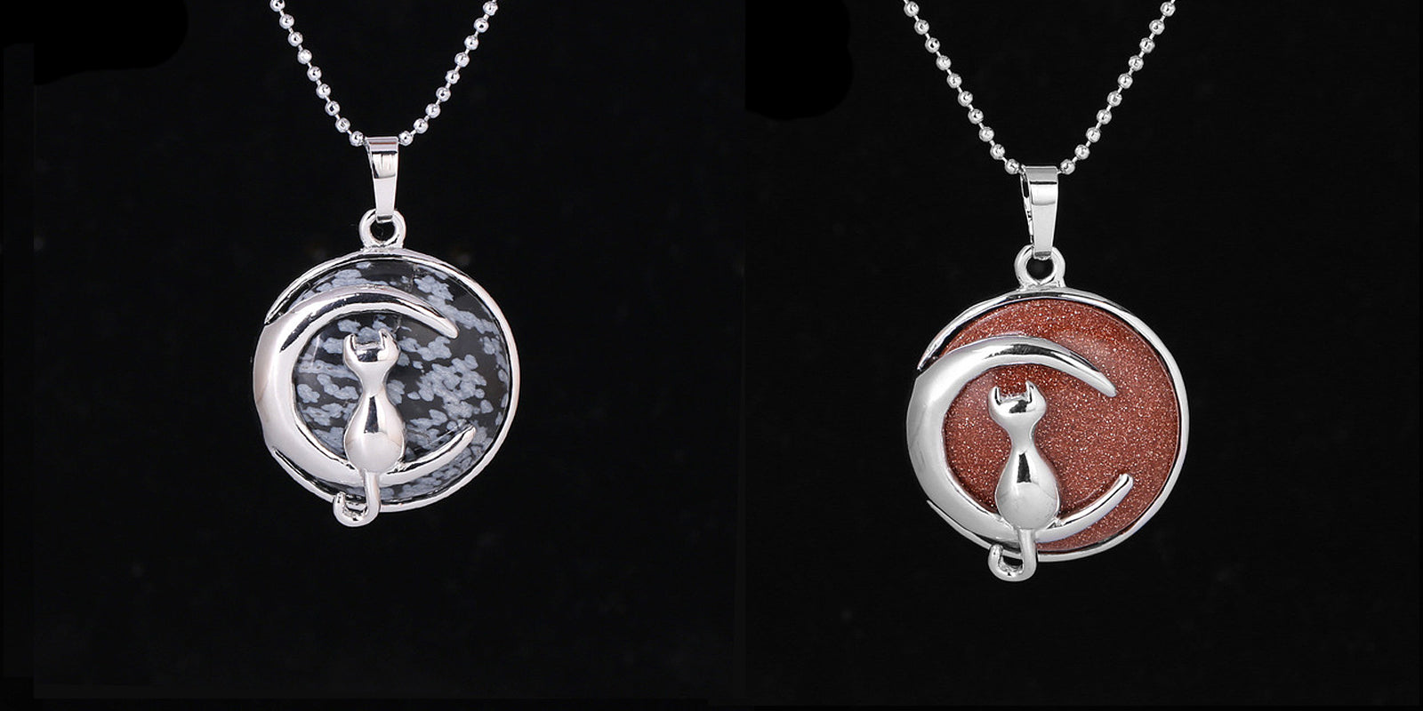 Natural Stone Crystal Pendants Necklace Cat on Moon Pendant 18''