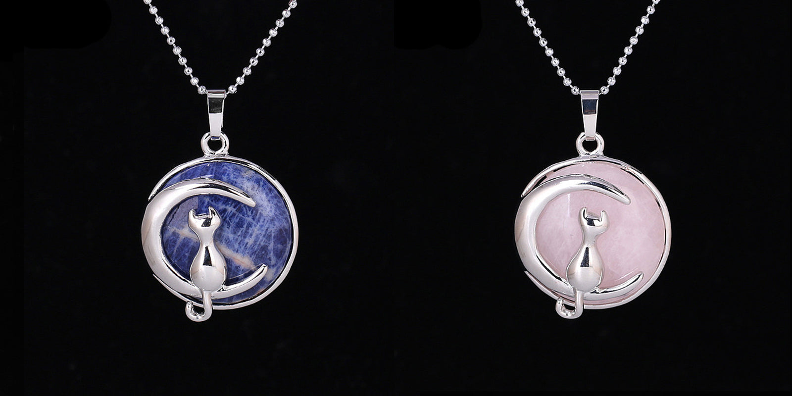 Natural Stone Crystal Pendants Necklace Cat on Moon Pendant 18''