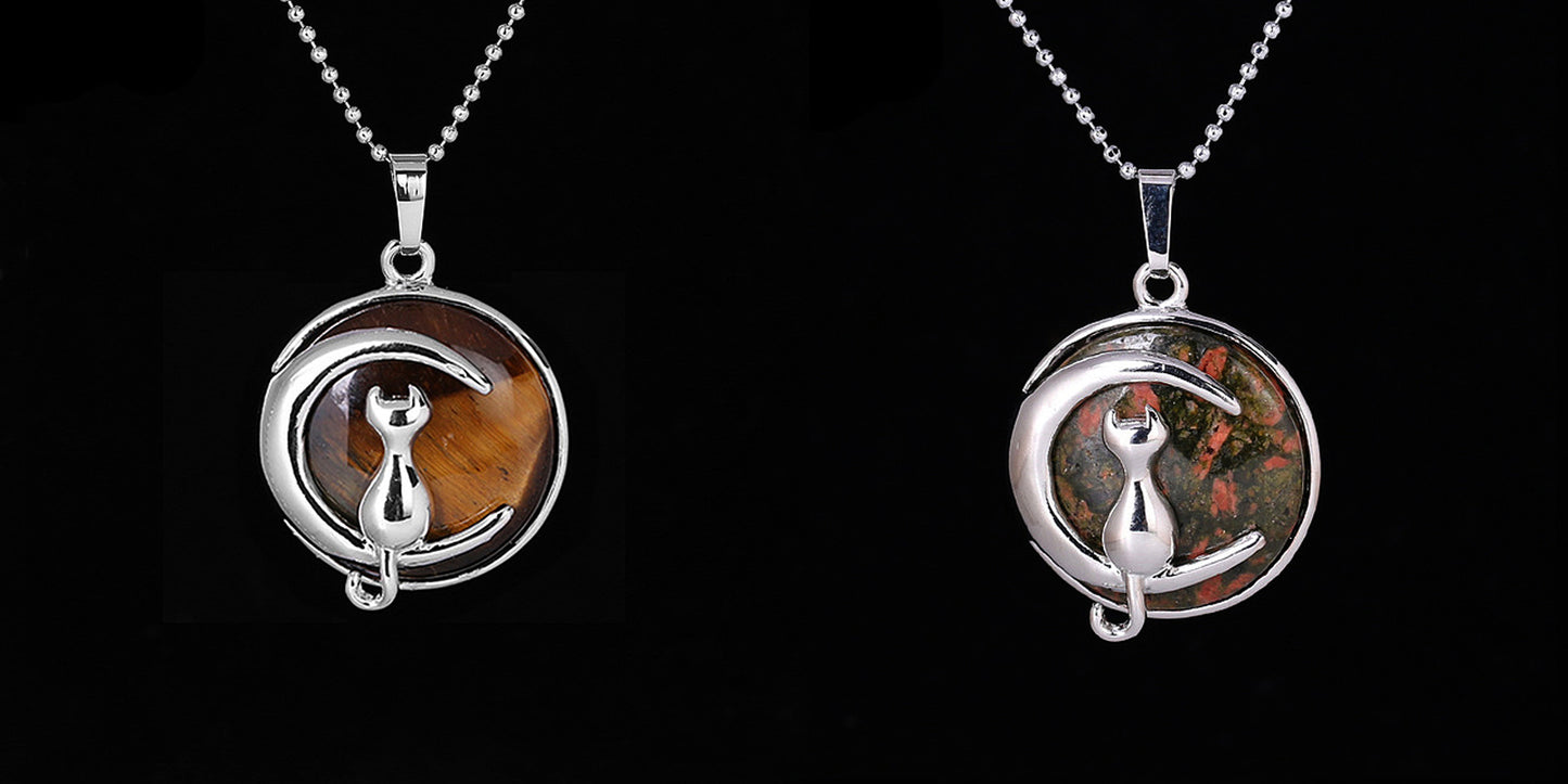 Natursten Krystal Vedhæng Halskæde Cat on Moon Pendant 18''