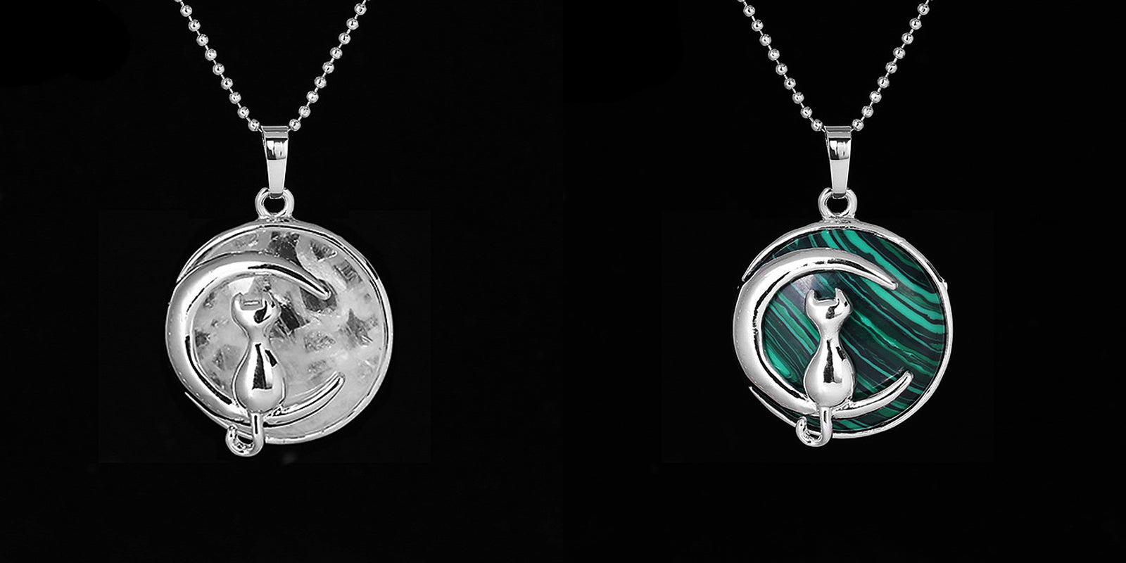 Natural Stone Crystal Pendants Necklace Cat on Moon Pendant 18''