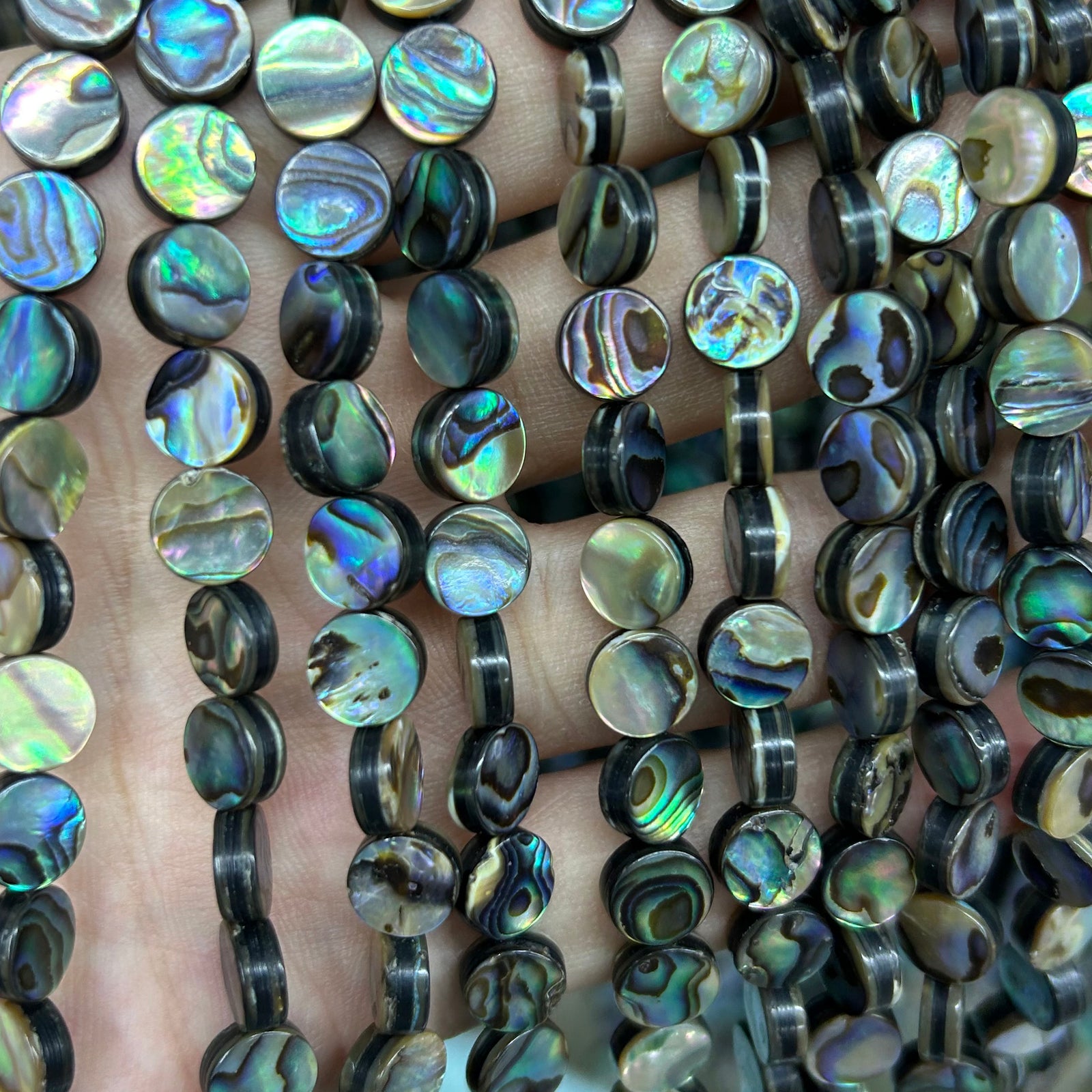 Abalone-muslingeperler, flade møntperler, 6 mm, 8 mm, 10 mm, 12 mm, 14 mm, 16 mm, 15 tommer