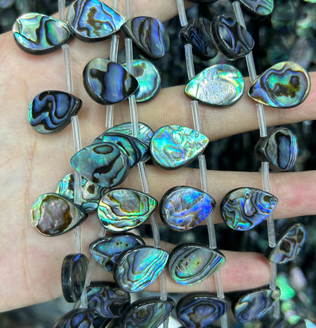 Perles plates en forme de larme en coquillage d'ormeau 10 x 14 mm, 13 x 18 mm, 38 cm