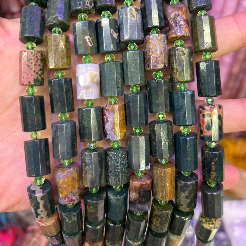 Bloodstone Tube Faceted Beads 10x14mm 15''