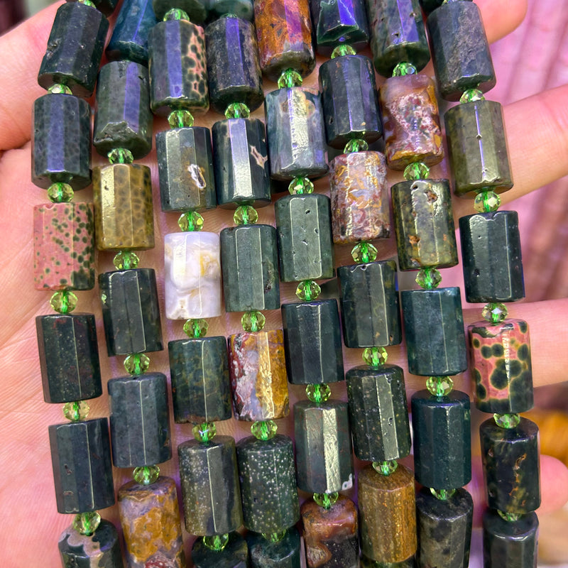 Bloodstone Tube Faceted Beads 10x14mm 15''