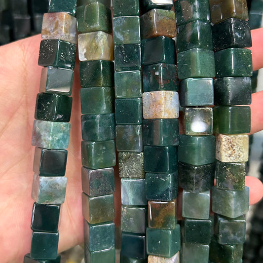 Moss Agate Cube Beads 10mm 15''