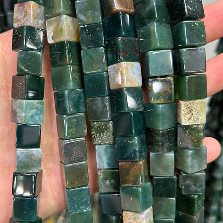 Moss Agate Cube Beads 10mm 15''
