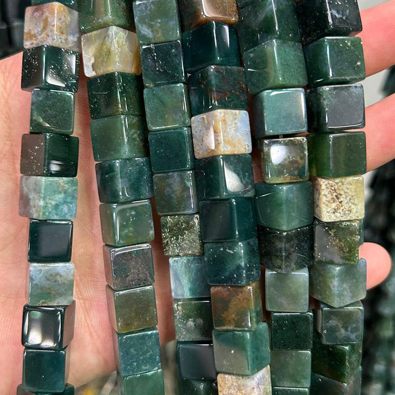 Moss Agate Cube Beads 10mm 15''