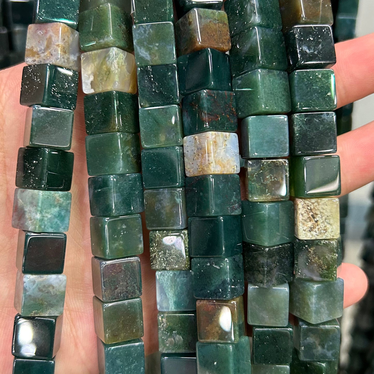 Moss Agate Cube Beads 10mm 15''