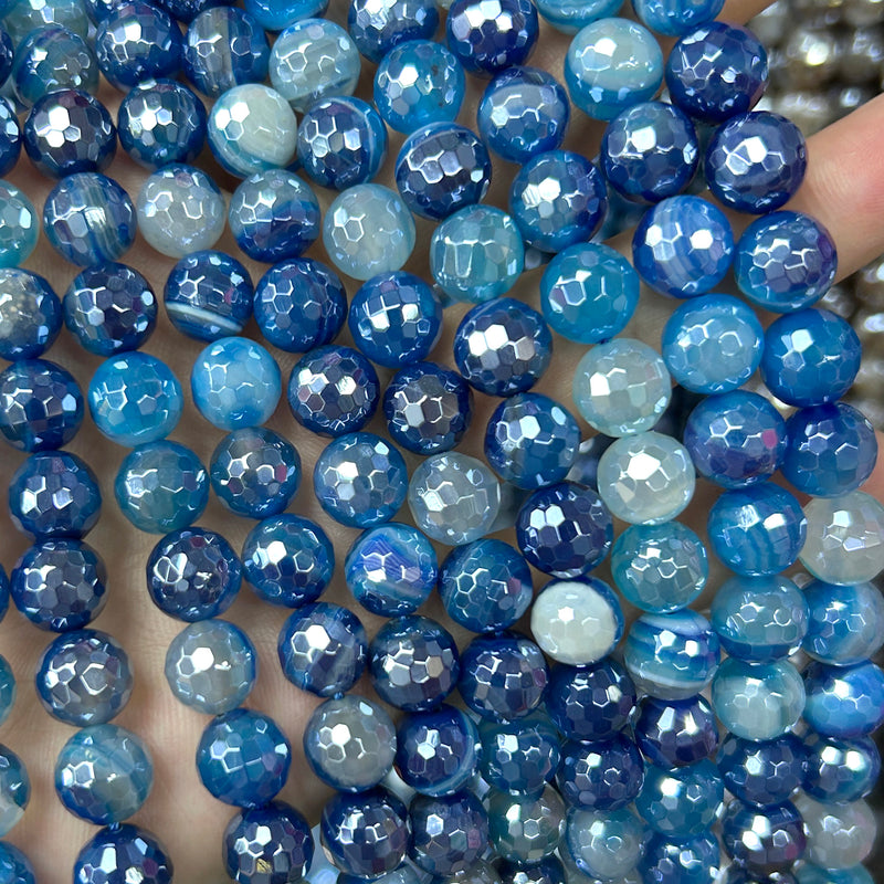 Silver Plated Blue Agate Faceted Beads 6mm 8mm 10mm 15''