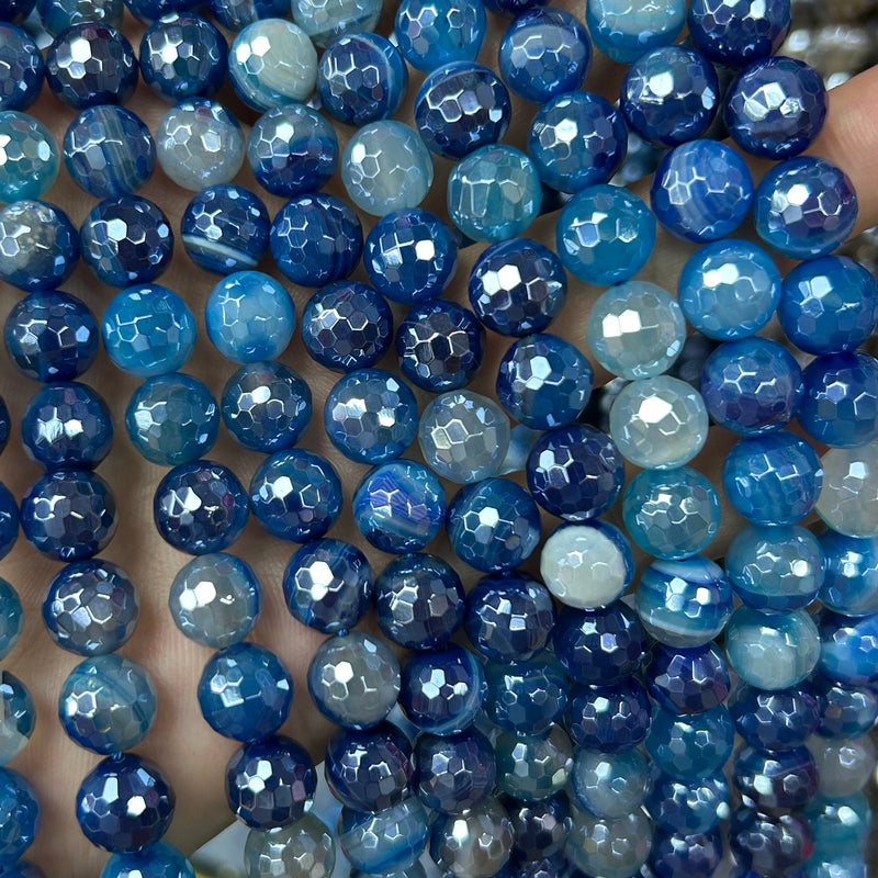 Silver Plated Blue Agate Faceted Beads 6mm 8mm 10mm 15''