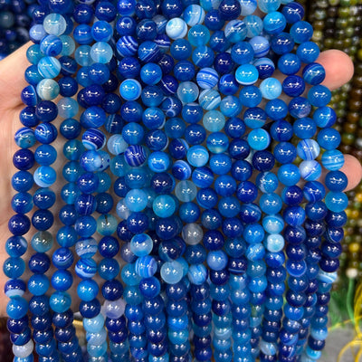 Perles d'agate rayée bleue 4 mm 6 mm 8 mm 10 mm 12 mm 15''
