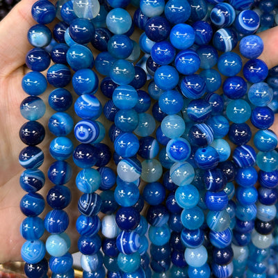 Perles d'agate rayée bleue 4 mm 6 mm 8 mm 10 mm 12 mm 15''