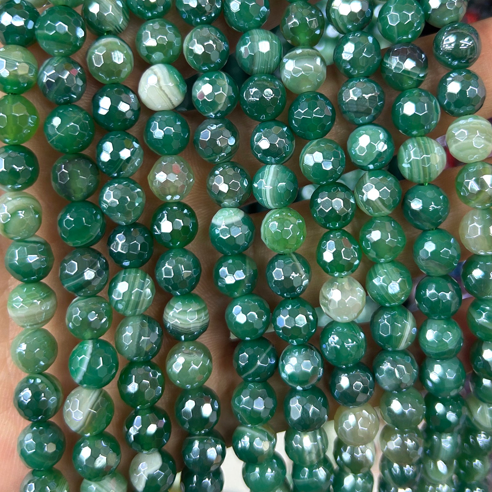 Silver Plated Green Agate Faceted Beads 6mm 8mm 10mm 15''
