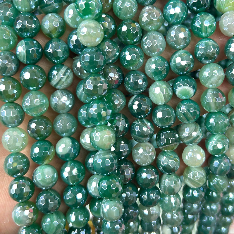Silver Plated Green Agate Faceted Beads 6mm 8mm 10mm 15''