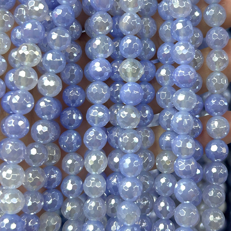 Silver Plated Blue Agate Faceted Beads 6mm 8mm 10mm 15''