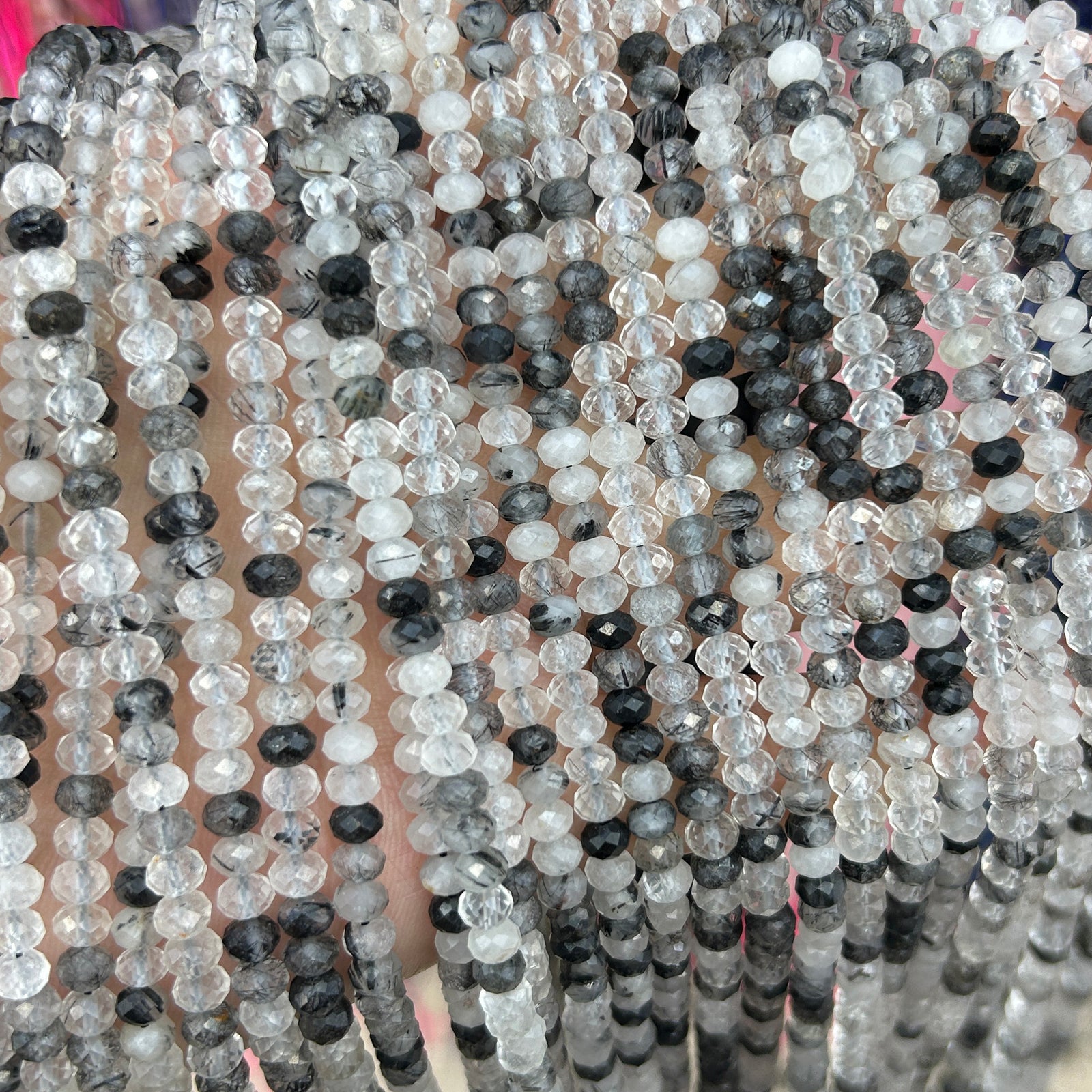 Black Rutilated Quartz Rondelle Faceted 15''