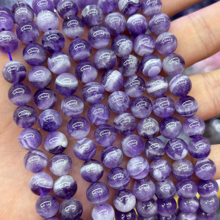 Perles en pierres précieuses naturelles d'améthyste violette et blanche, 6 mm, 8 mm, 10 mm, 12 mm, 15 pouces