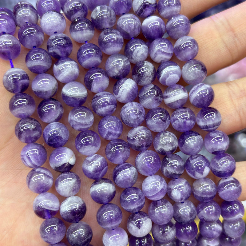 Perles en pierres précieuses naturelles d'améthyste violette et blanche, 6 mm, 8 mm, 10 mm, 12 mm, 15 pouces