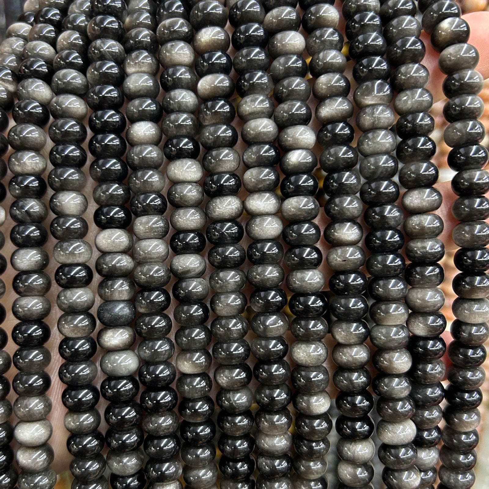 Silver Obsidian Rondelle Beads 5x8mm 15''