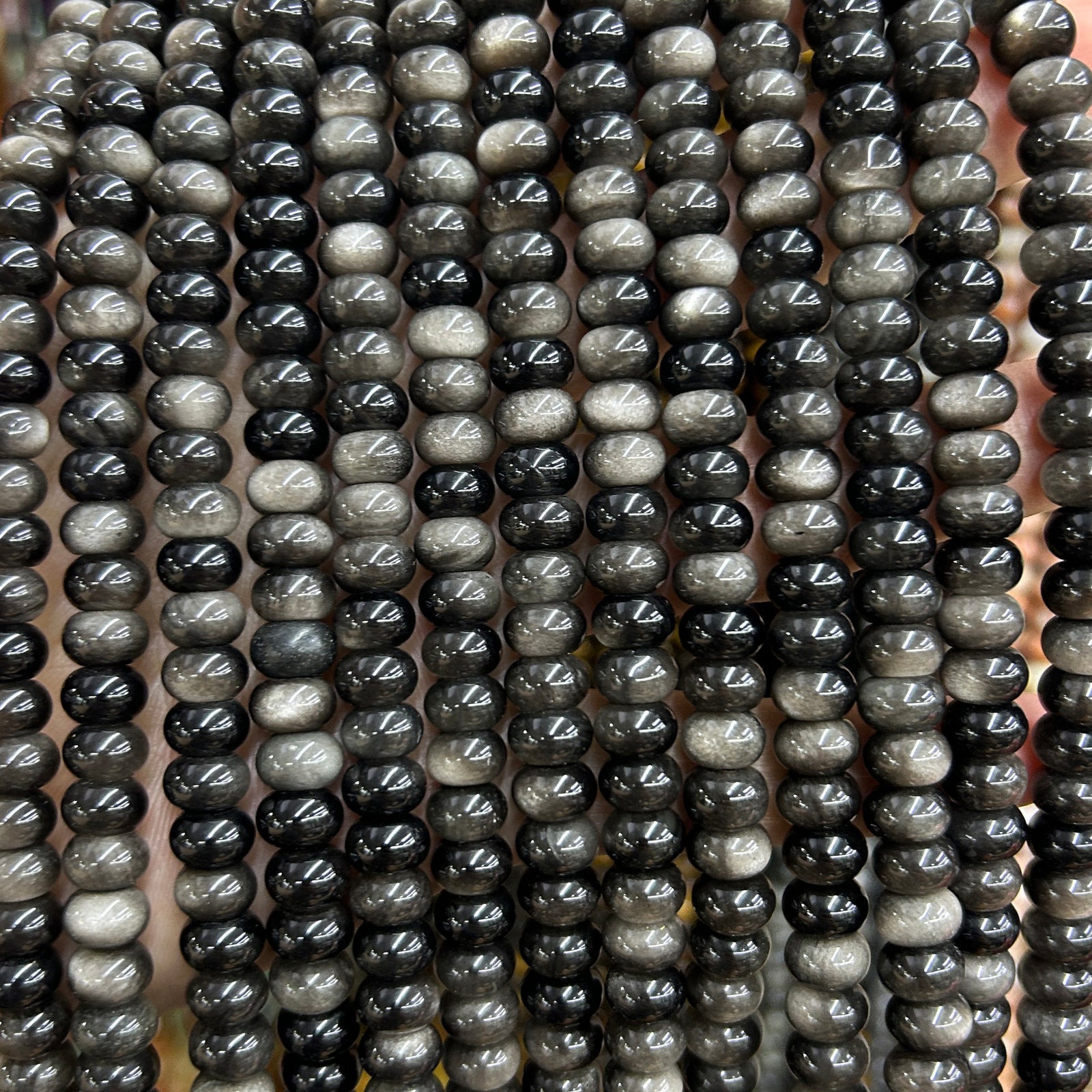 Silver Obsidian Rondelle Beads 5x8mm 15''