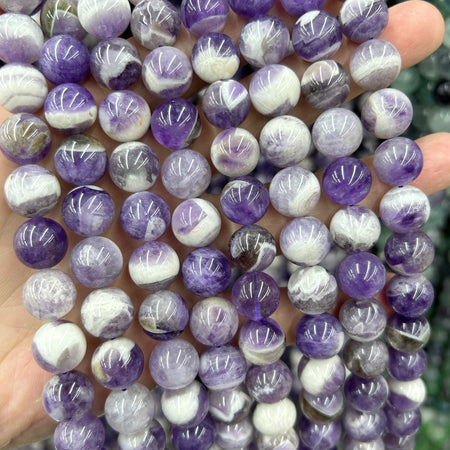 Perles en pierres précieuses naturelles d'améthyste violette et blanche, 6 mm, 8 mm, 10 mm, 12 mm, 15 pouces