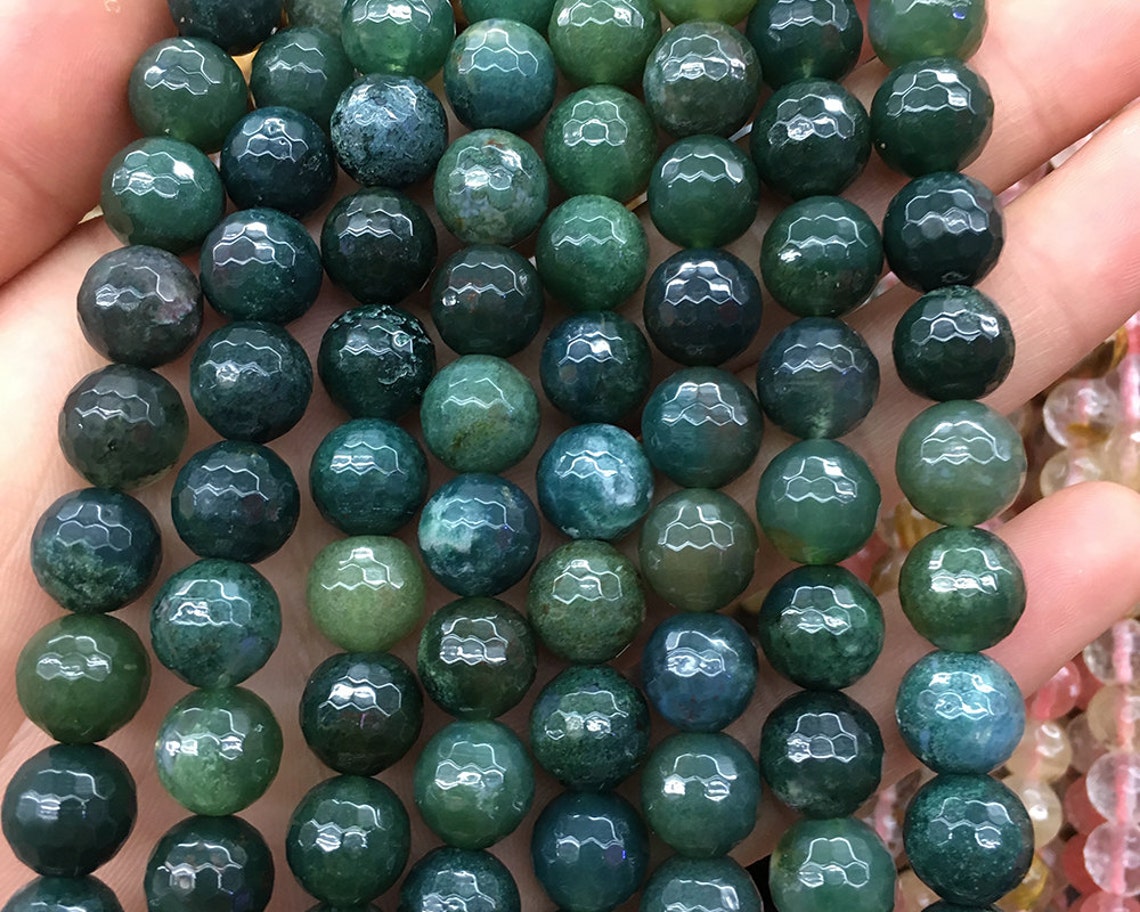 Moss Agate Faceted Beads 4mm 6mm 8mm 10mm 12mm 15''